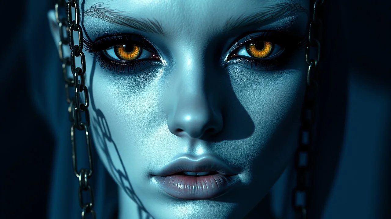 close up pale blue-white face with black-dark gold eyes with black shadow void gaze, hyper-realistic detail face, floats in deep darkness, deep blue abyss, void vibe,, vertical shadows of five chains projected on her face, crepy stunning, surreal vibe with meticulous textures, dark shadows