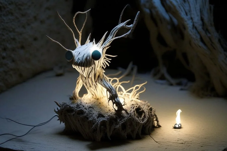 Little sculpture of a strange creature made with concrete and driftwood and mother-of-pearl and low voltage filament lit