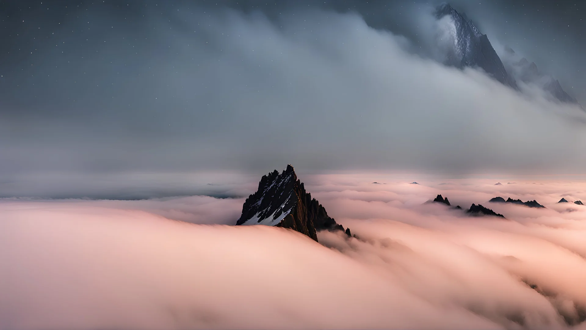 A surreal night-time scene featuring a sharp mountain peak rising through a thick layer of fog. Only one single peak is visible, The mountain's dark, jagged silhouette contrasts against the soft, pastel hues of the fog illuminated by moonlight. Above, the night sky is adorned with countless stars and a segment of the Milky Way, adding a sense of wonder and vastness to the scene. The overall atmosphere is mystical and serene, capturing the beauty of nature in a high-resolution, panoramic view