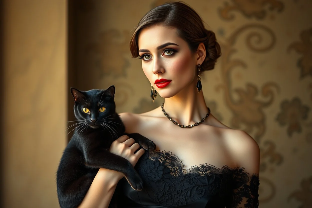 photo, portrait of a beautiful art deco woman with a cat in black silk and lace dress