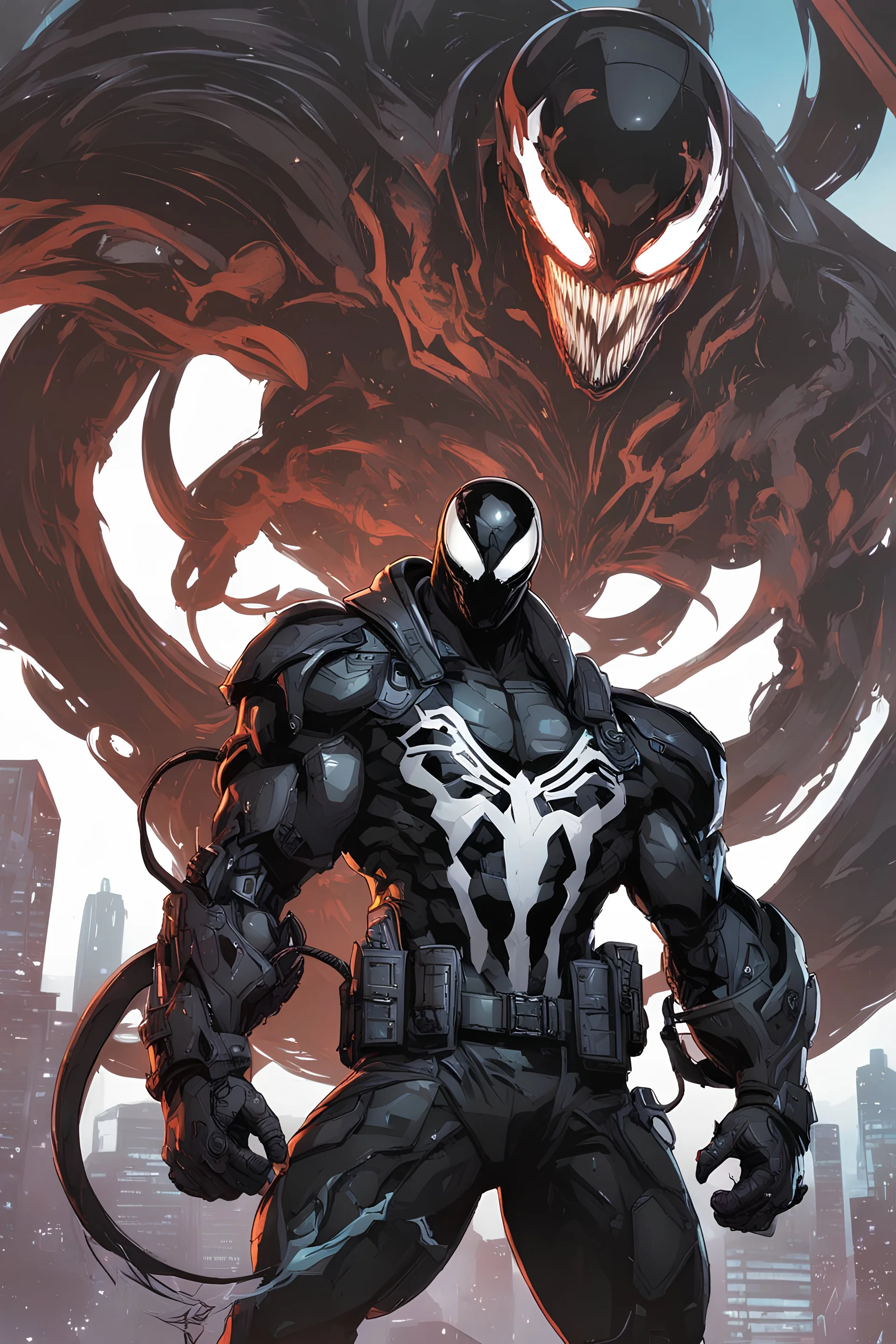 Venom mix with machine in solo leveling shadow artstyle, cyberpunk them, intricate details, highly detailed, high details, detailed portrait, masterpiece,ultra detailed,best quality