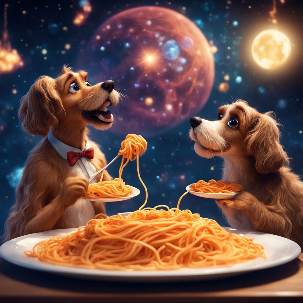 the lady and the tramp eating spaghetti, cinematic, epic glowing galaxy background, deep depth of field, 3D, constellation map, 16k resolution photorealistic, bokeh, a masterpiece by Alberto Seveso, breathtaking intricate details, realistic and lifelike cgi diorama, dramatic natural lighting, reflective catchlights, high quality CGI VFX fine art