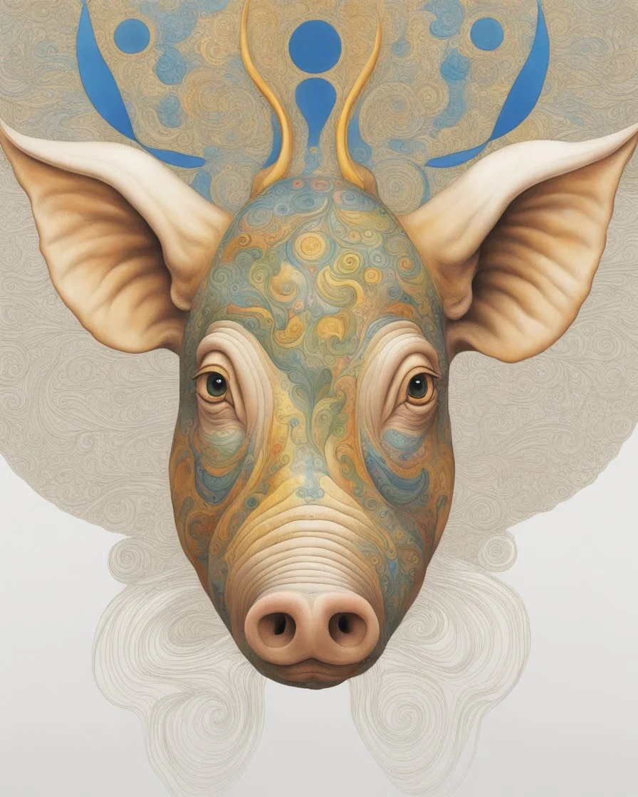 Leonardo Da Vinci's stunning psychedelic masterpiece of a fascinating pig head with extraordinary eyes and elongated ears, with colorful ink, shows Leonardo's style. Adorned with intricate swirls, dots and patterns on white background. Vibrant blue, green, gold, silver, amber, warm yellow and platinum layer recalls the colors of Gustav Klimt. Delicate pencil-like lines create timeless hand-drawn quality. The pig's face is central focus, vector style, preserving the essence of hand-drawn work