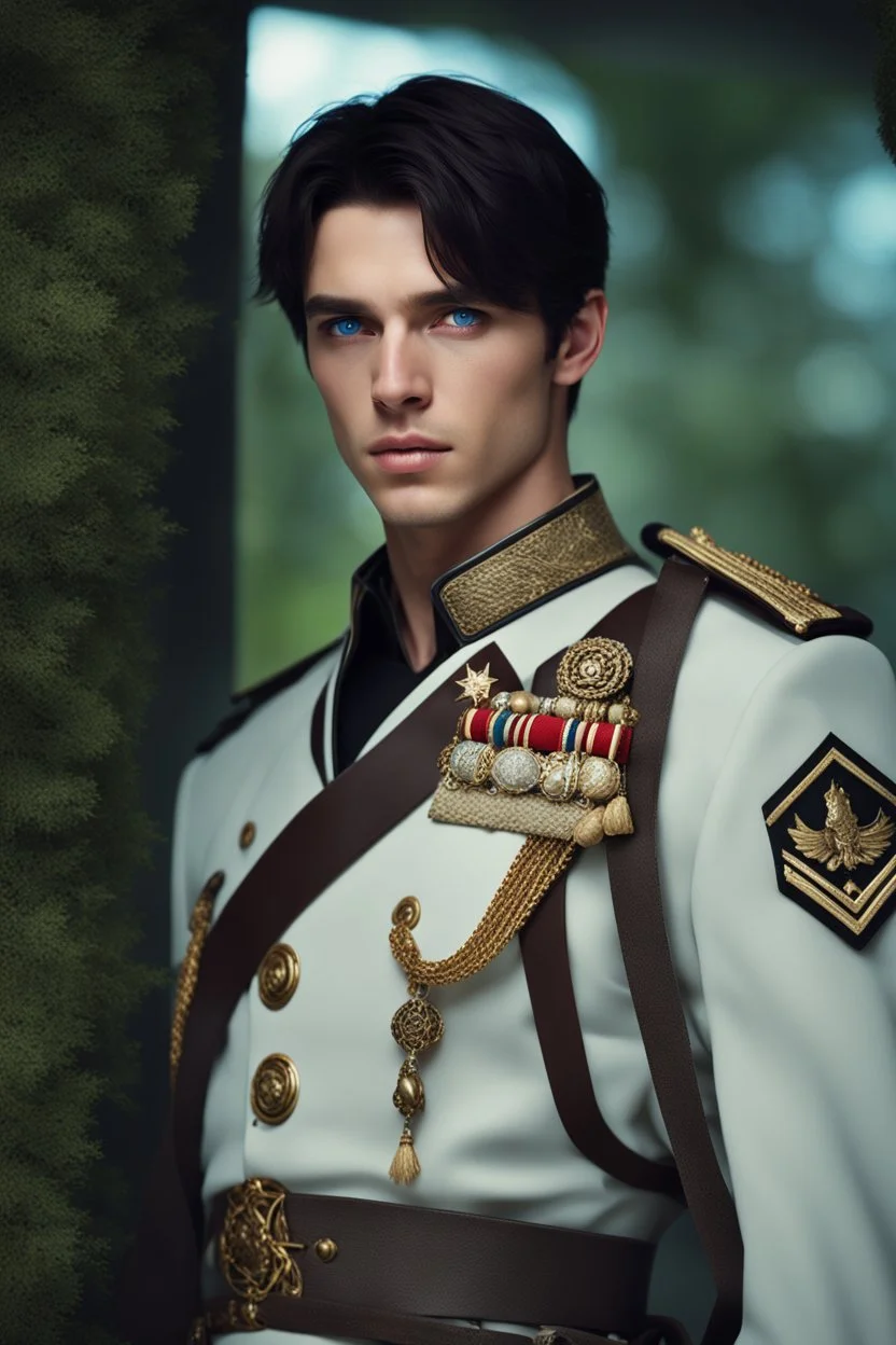 27 year old male with short dark hair and blue eyes, military captain, modern fantasy