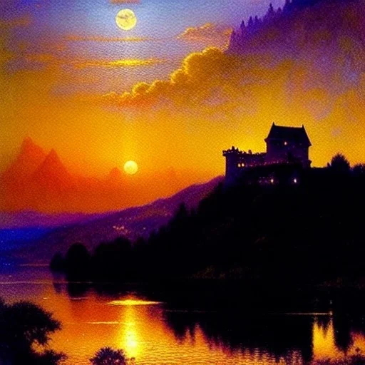 Drawing of 'Medieval Romanian Castle',bats,mountain,lake,full moon, by gaston bussiere, greg rutkowski, yoji shinkawa, yoshitaka amano, tsutomu nihei, donato giancola, tim hildebrandt, oil on canvas, cinematic composition, extreme detail,fit full head inside picture,16k