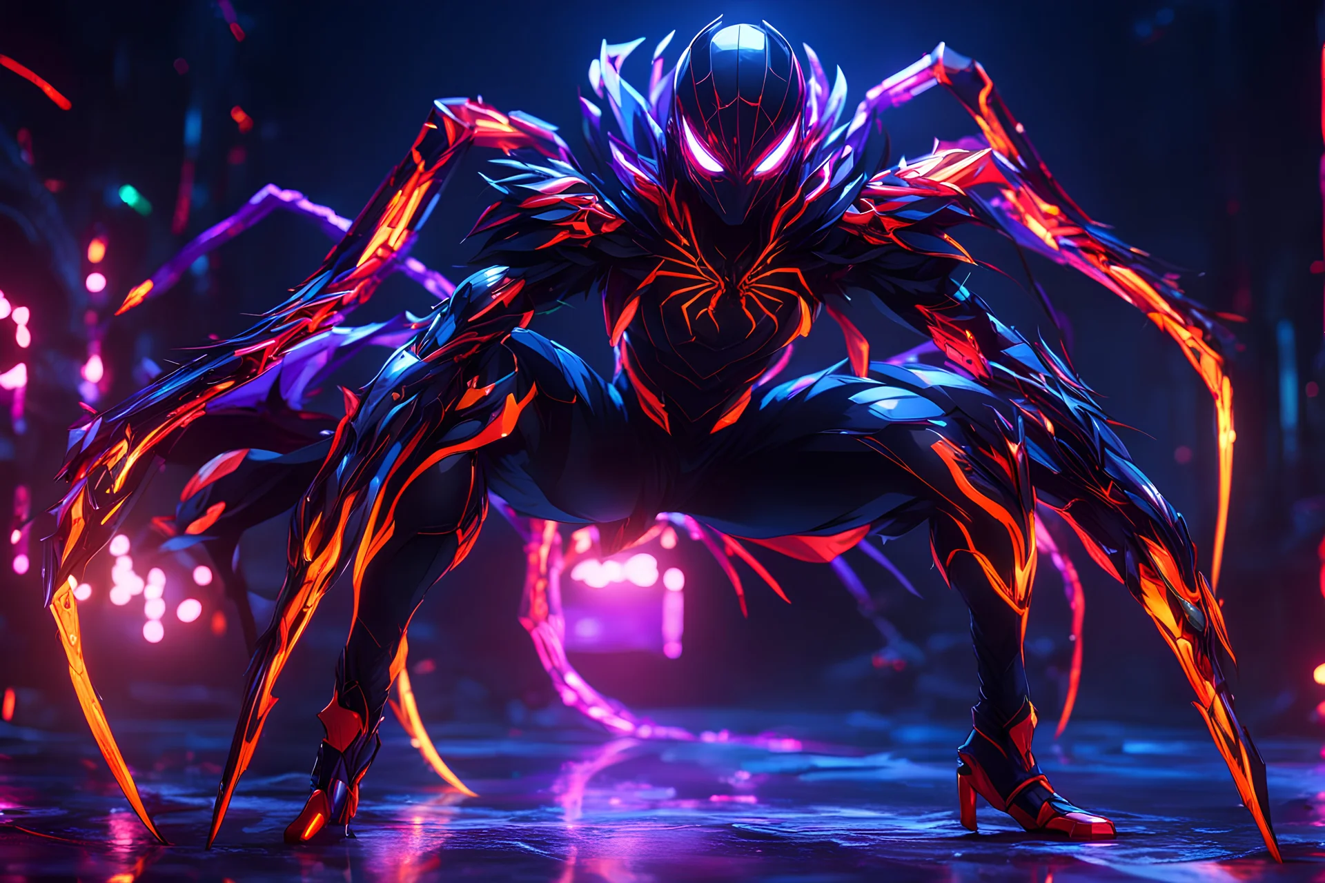 Hot Silk carnage in 8k solo leveling shadow artstyle, spider costum, dynamic pose, oshare kei, hurufiyya, rtx , neon lights, intricate details, highly detailed, high details, detailed portrait, masterpiece,ultra detailed, ultra quality