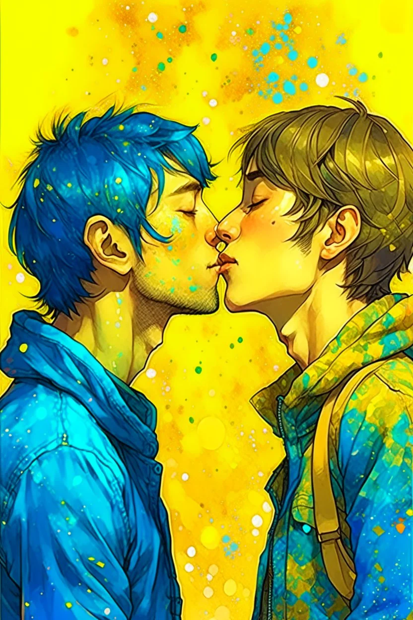 portrait anime man kissing man, ,yellow, stars hearts water, blue, watercolor, Yoshikata Amano, Edwin Landseer, Ismail Inceoglu, Russ Mills, Victo Ngai, Bella Kotak, hyperdetailed 8K resolution HDR DSLR, ultra detailed, ultra quality, CGSociety, intricately detailed, color depth, gliter, kiss