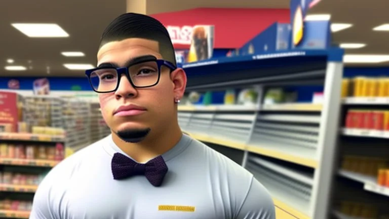 bit boy bobby chavez who has a very wide face with glasses and looks young without facial hair working at walmart