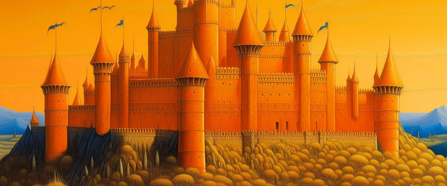 A golden orange colored citadel covered in spikes painted by the Limbourg brothers