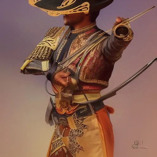 portrait,"Insanely detailed photograph of a mariachi warrior", charo with crossbow belt, sequenced Sombrero, detailed D20 flair, digital painting, artstation, concept art, smooth, sharp focus, illustration, art by artgerm and greg rutkowski and alphonse mucha, 8 k