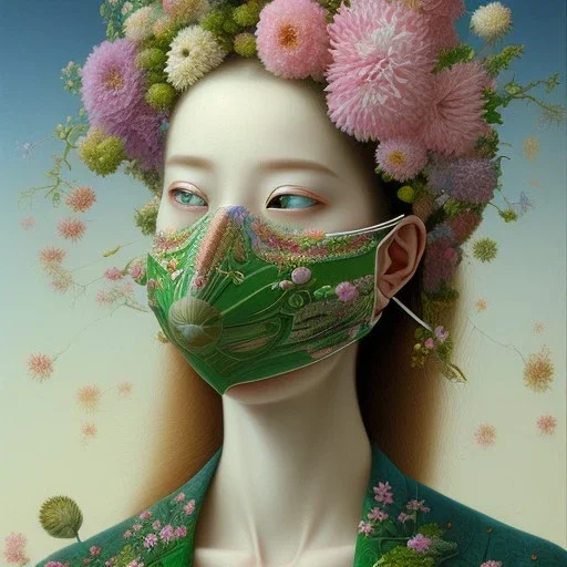 A surrealist painting showcases a woman, surrounded by blooming flowers. This masterpiece was crafted by the talented Ikuo Hirayama and is reminiscent of the works of Naotto Hattori. The subject's detailed face is partially obscured by a mask, and she is draped in a garment of rich green and pink. The painting draws inspiration from the works of Gong Li, Ayami Kojima, and Yoshitaka Amano, as well as Alexey Egorov's style. The woman is surrounded by stems and the piece has a collage-like quality,