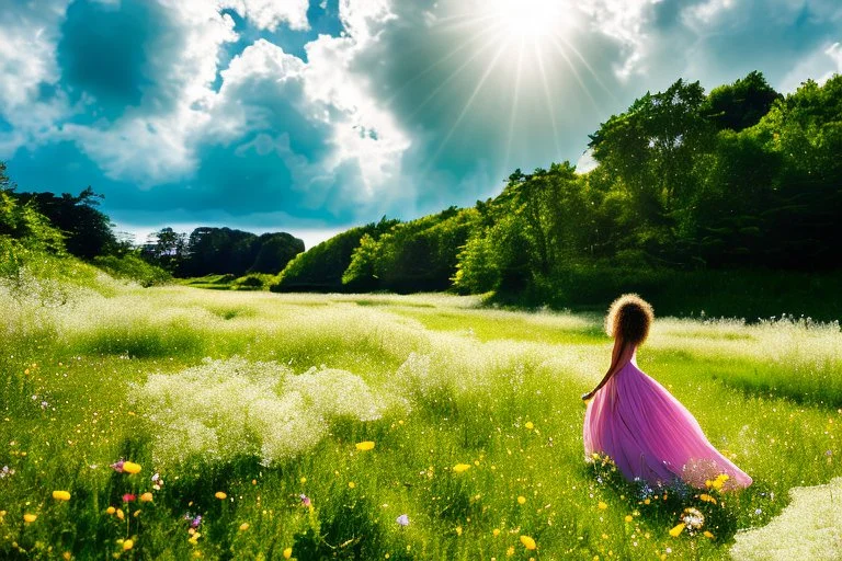 shot from front ,green field and wild flower field ,beautiful girl in pretty dress curly hair walking in water toward camera in trees next to wavy river with clear water and nice sands in floor.camera capture from her full body front, spring blosom walking to camera ,wild flowers moving in the wind ,blue sky,moving pretty clouds ,joy full facet.