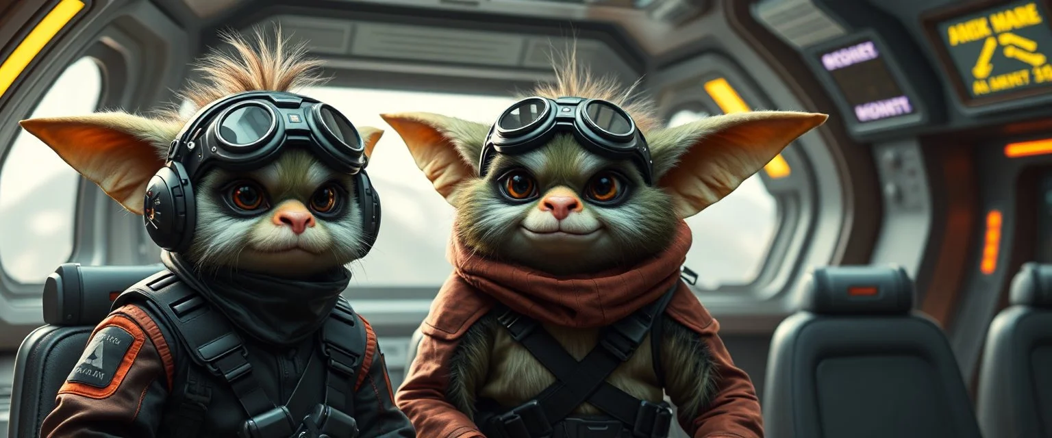 portrait of bad ass fluffy captain pilot focus gremlin cyber punk with two crew members, in sci fi air ship waiting hall, in future dynasty