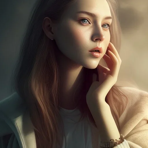 a woman sitting next to a man, portrait, 8K, close-up face, anatomically perfect face, Highly detailed stunning full frame portrait, misty and cloudy atmosphere