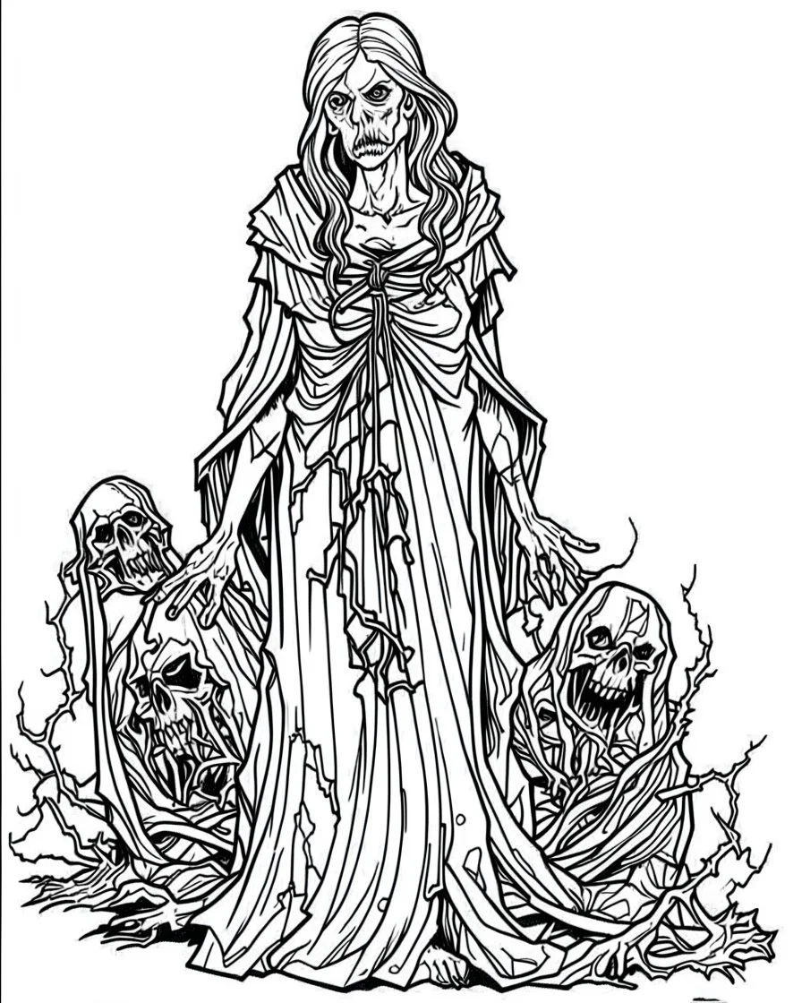 create a 2d black outline, "full body scary psycho monster death women coloring book for adults", coloring page, low details design, black contour, coloring page design, coloring page for adults,horror background, black contour and white space beetween contour, same contour,sketch style, horror style, creepy style, minimalist, halloween background,simple, white background