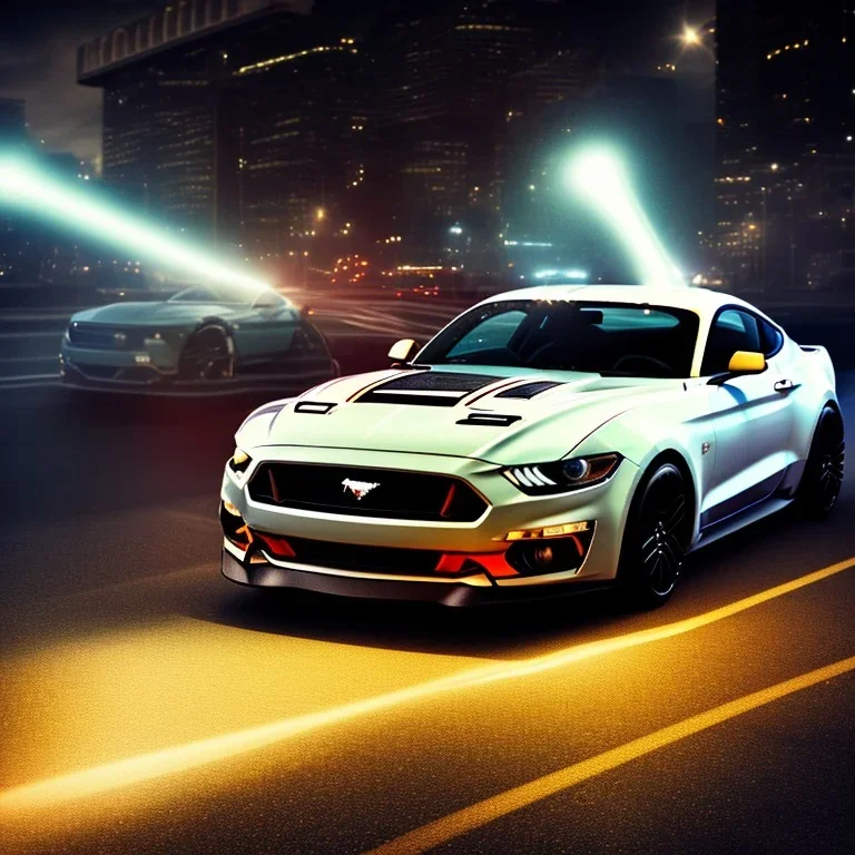 fiat ford mustang, city. high speed. bokeh. lens flare. warm lights. high detailed