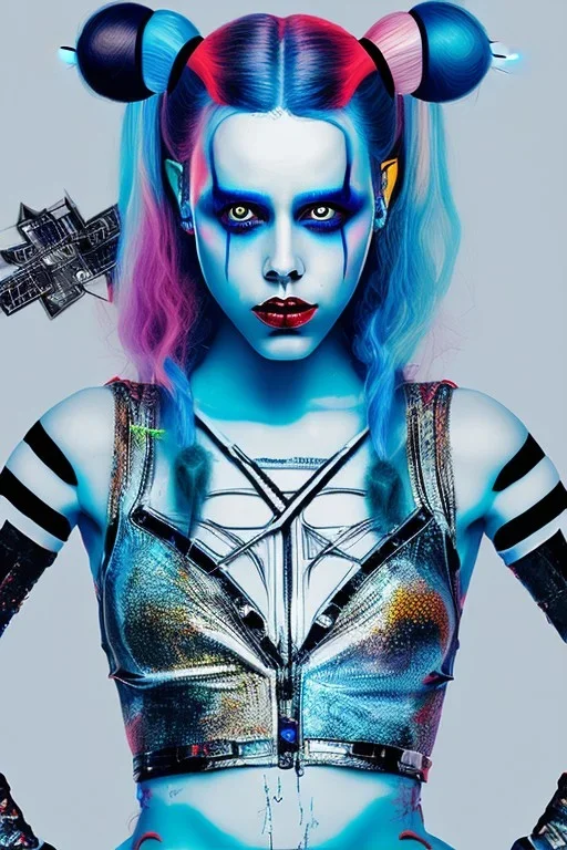 Danish Singer MØ harley quinn cyberpunk, blue tones, high lighting