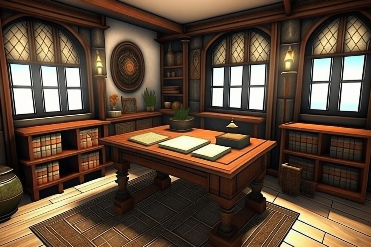 Fantasy medieval study room with desk front view