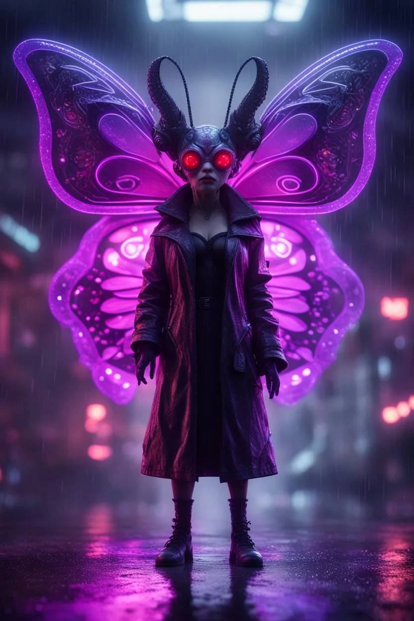 Volumetric fog gremlin butterfly satyr lights,paradise sacred geometry framed playing card, black, red, spore and purple neon fire cyber punk dancer thief in soaked rain coat shadows boss card in the style of giger and fallout 4 ,,bokeh like f/0.8, tilt-shift lens 8k, high detail, smooth render, down-light, unreal engine