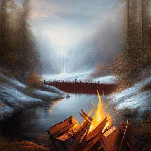 fantasy art, book illustration, sitting by a bonfire, in the background the stairs of a dam in the magical forest ,icy water