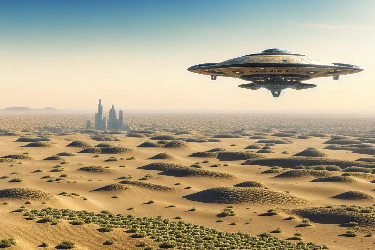 spaceship flying low over a desert city