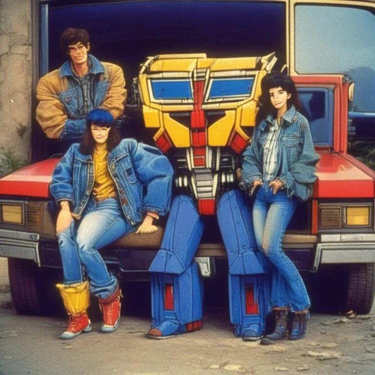 Optimus prime, bumblebee and ratchet inside car in 1990, transformers in jeans and jackets sitcom style tv show.