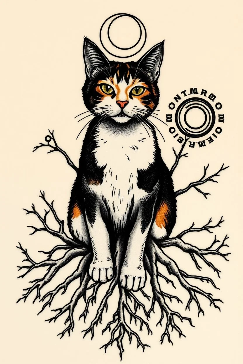 Design feminine tattoo: The centerpiece of the tattoo is a calico cat. From the paws, deep roots twist into the ground, sprawling outwards. The roots look as though they're entangled with the earth itself, symbolizing Taurus' deep connection to the planet. as a backdrop, include elements of gears A crescent moon or starry sky above the cat
