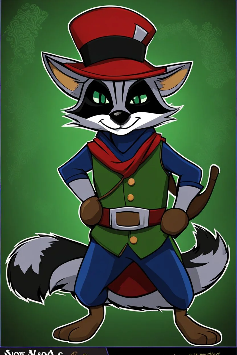 Make a Sly Cooper oc. He is a raccoon with sleek, charcoal-gray fur and emerald-green eyes. He has a sly and mischievous expression, with a black mask-like pattern around his eyes. He wears a tattered, dark blue bandit's outfit with a red sash and a feathered hat that adds to his roguish charm. He also sports a leather pouch at the base of his tail for carrying stolen treasures.