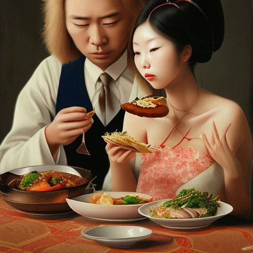 A japanese girl eating a meal with her lover who is having an erection