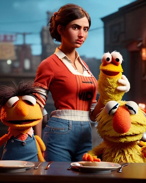 waitress woman with Sesame Street muppet mask-head, concept art, retro style, smooth, unreal engine 5, god lights, ray tracing, RTX, lumen lighting, ultra detail, volumetric lighting, 3d.