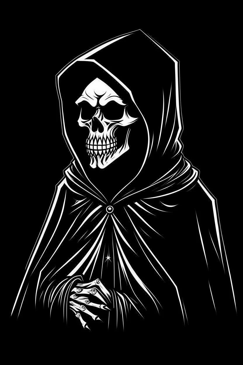 hanna-barbera grim skeleton in a black hooded cloak drawn in a retro mascot style, inside a light diamond shape on a black background, monochromatic