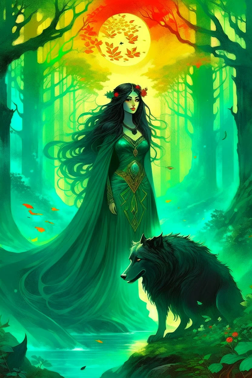 book cover, In the heart of a dense and enigmatic forest with towering ancient trees cloaked in emerald, yellow and amber foliage stood a bewitching sorceress possessing an ethereal allure her lustrous hair cascading in ebony waves down to her slender waist In the background a majestic canine of Belgian shepherd lineage roamed its eyes illuminated by an otherworldly crimson glow exuding an aura both mysterious and demonic