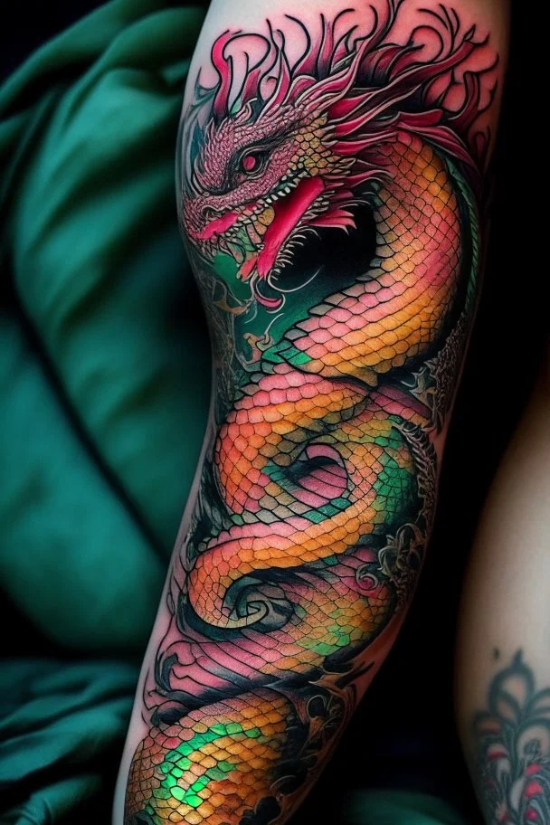 thigh stylized dragon tatoo, stylized snake tatoo wrapped in the things, leg focus, thigh focus