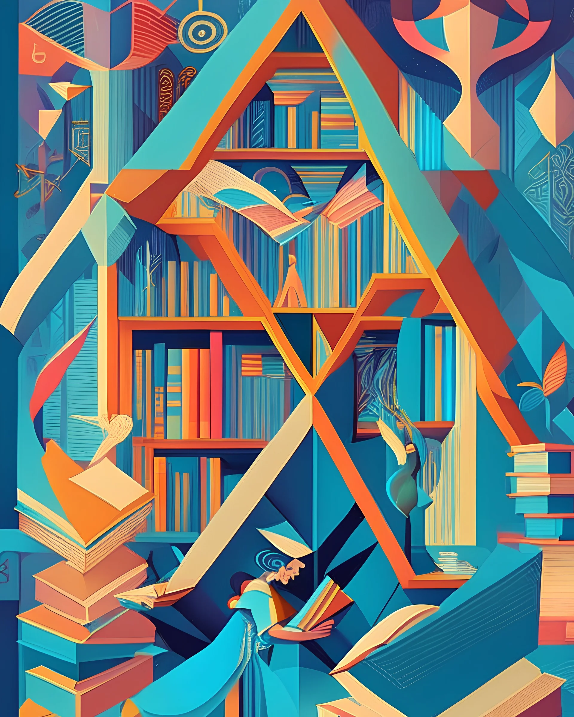 A whimsical illustration of a magical library filled with ancient tomes, floating books, and curious creatures seeking knowledge, in the style of Art Deco, geometric shapes, bold color palettes, and stylized forms, 9K resolution, inspired by the works of Erte and Tamara de Lempicka, celebrating the power of imagination and the pursuit of wisdom.