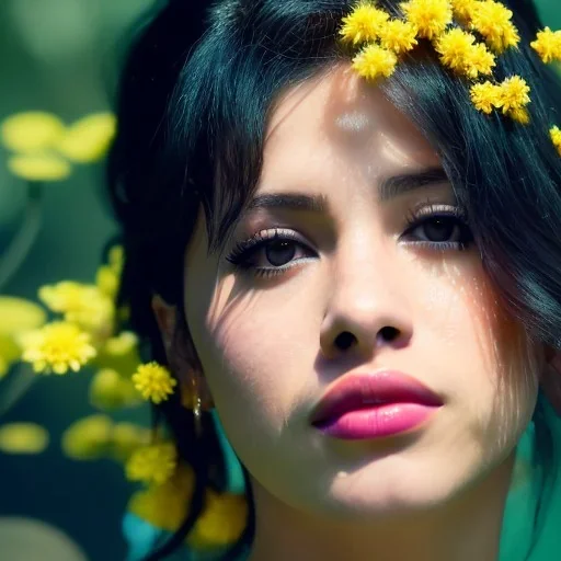 Camila Cabello as Jasmine underwater with yellow flowers for hair, closed eyes, rtx, reflection, 8k, glow, winning photography, caustics