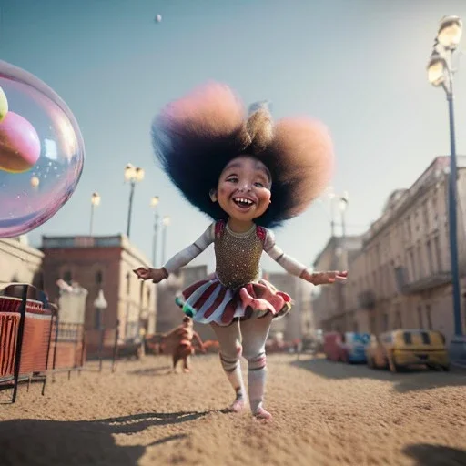 Ultra realistic circus scene. Sweet big hair monster flying, playing with Child’s, smile, happy, color bubbles, smooth color, waist up view, Wes Anderson style, a lot of people background, highly detailed, concept art, unreal engine 5, god rays, ray tracing, RTX, lumen lighting, ultra detail, volumetric lighting, 3d, finely drawn, high definition, high resolution.