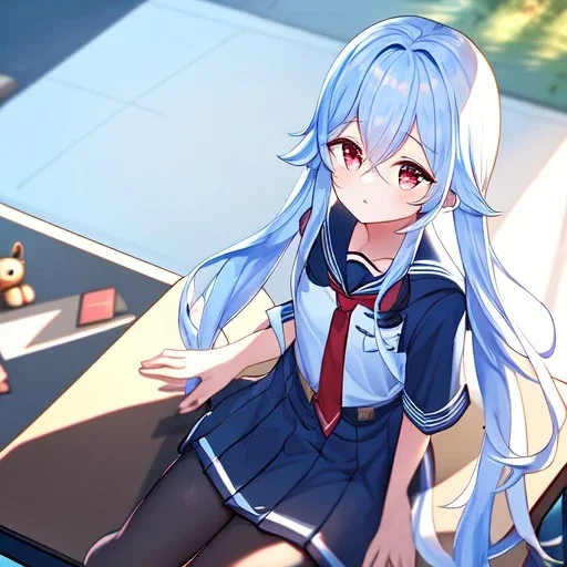 Clear focus, High resolution, long fluffy light blue hair, hair between eyes, long locks, wearing a sailor uniform, wearing a sailor skirt, long black socks, 1girl, cartoon, cute, UNFOTABLE studio, red tie, sitting, outside setting, nothing infront of character, sitting on floor