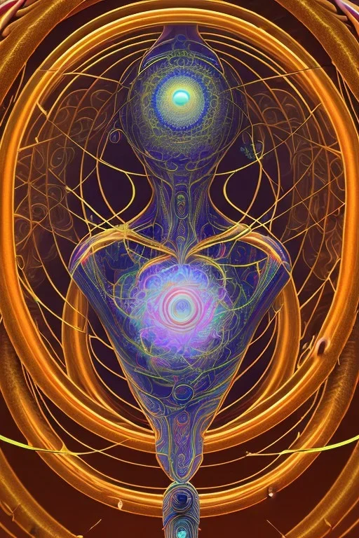 Spiritual being with Tentacles over human Head creating reality around, wrapping Spiral around Human, Psychedelic