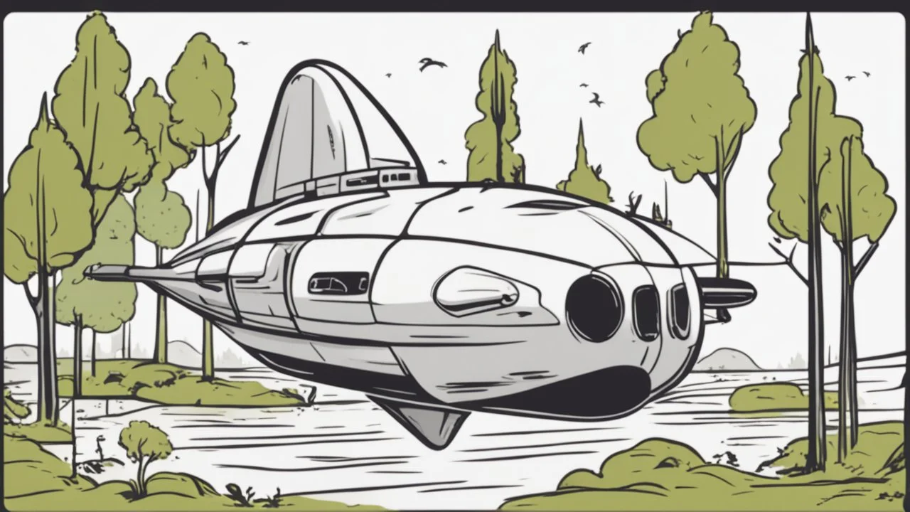 Sleek, smooth, small Cargo Spaceship, shaped like a submarine, landing in a forest