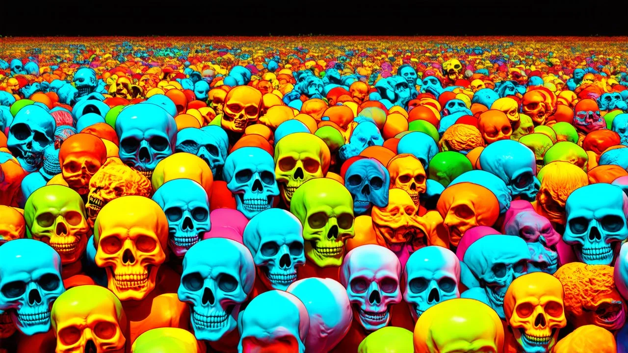a field of 1000s of cartoonish, anatomically correct, skulls, vivid RANDOM BRIGHT neon colors, dark comedy, well lit, high detail, photorealistic, horrorcore, fun, scary, none featured, each a different color or hue,