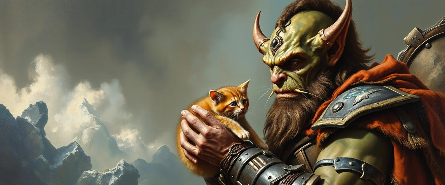 master oil painting by Rembrandt, fantasy orc soldier holding and petting anugly kitten