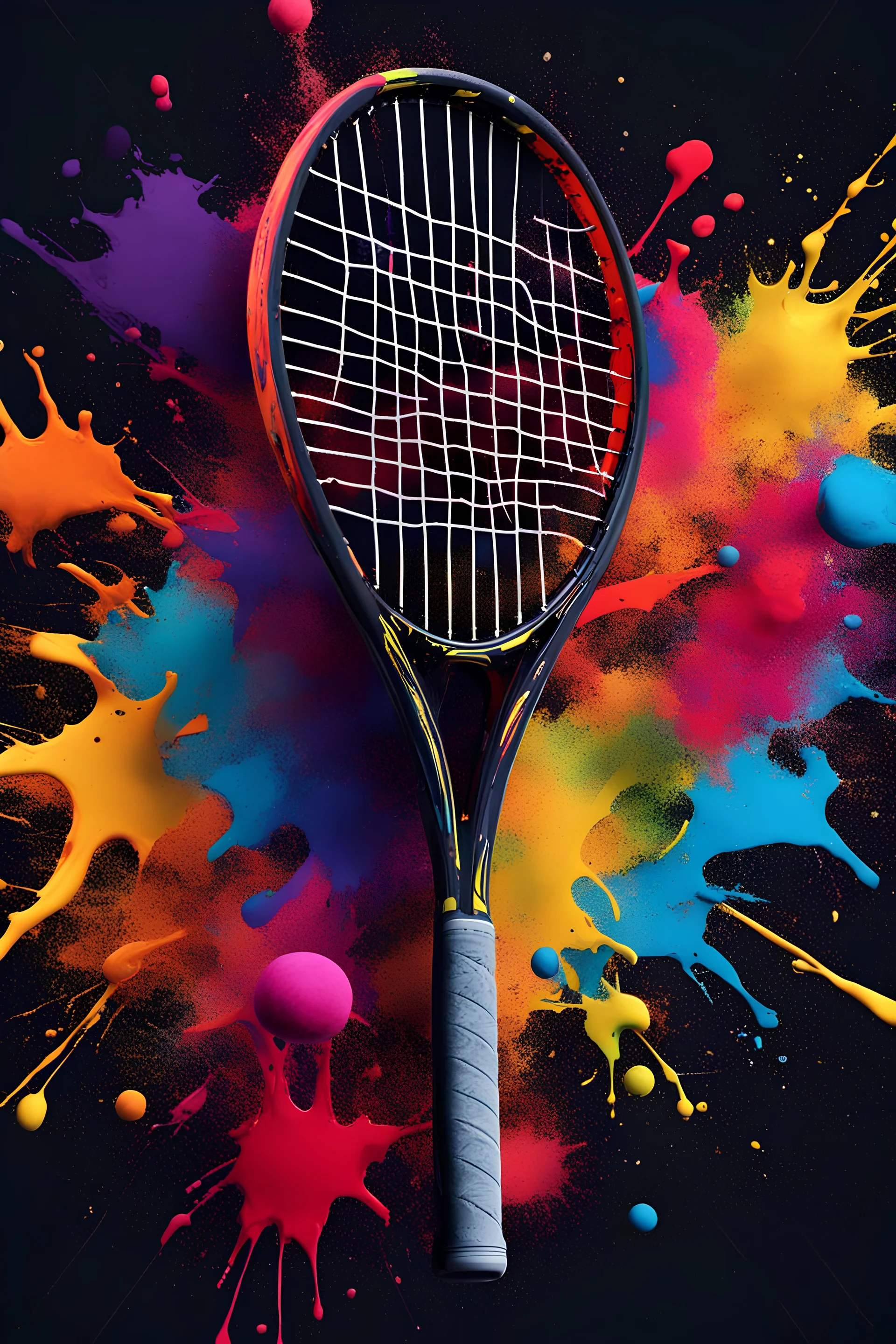 Creative tennis racket explodes with colorful paint and splashes on a dark background. harmonious look.Think differently about creative idea concept.