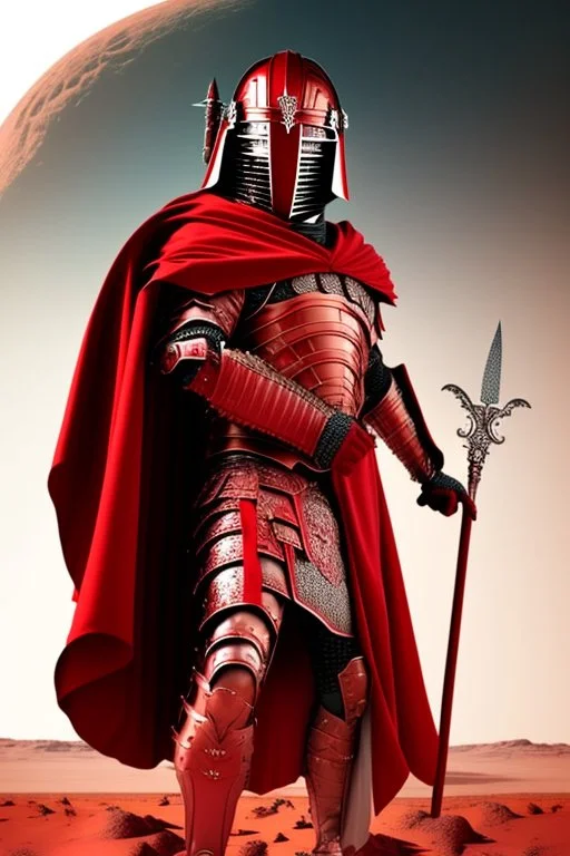 Planet Mars portrayed as a menacing man wearing Roman-like armour, a red cape, and a spartan helmet that covers his face entirely, he is armed with a spear and a spartan shield, his armour is covered with battle marks