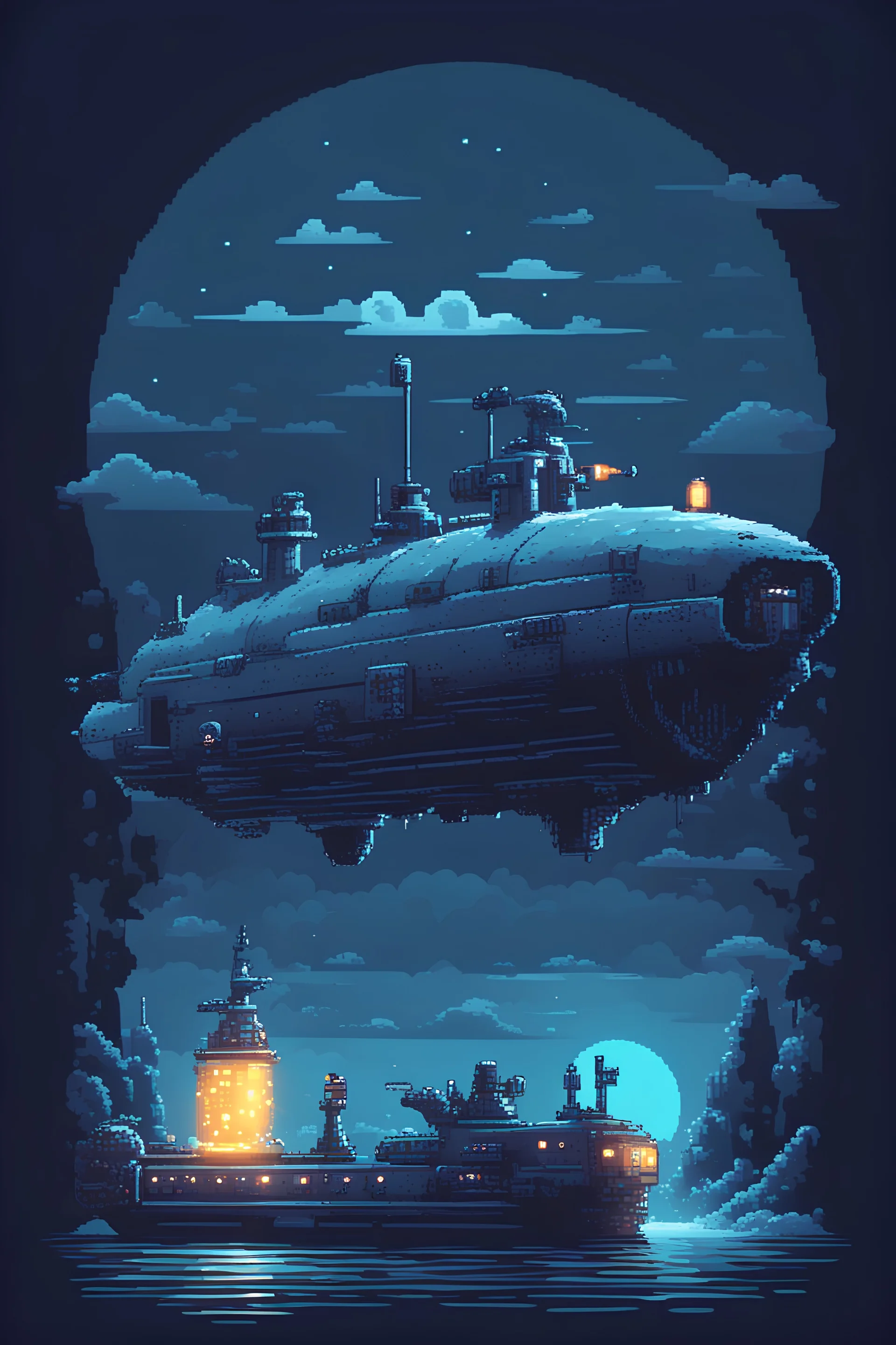 An 8 bit style ghost submarine and a spooky blue glow
