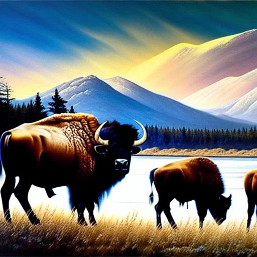 Drawing of 'herd of AMERICAN BISON',River,snow,Meadow,mountains,painting by Earl Norem, simon Bisley,frazetta,西嘛哒, evan lee, Vallejo,kelly oil on canvas, cinematic composition, extreme detail,fit full head inside picture,8k