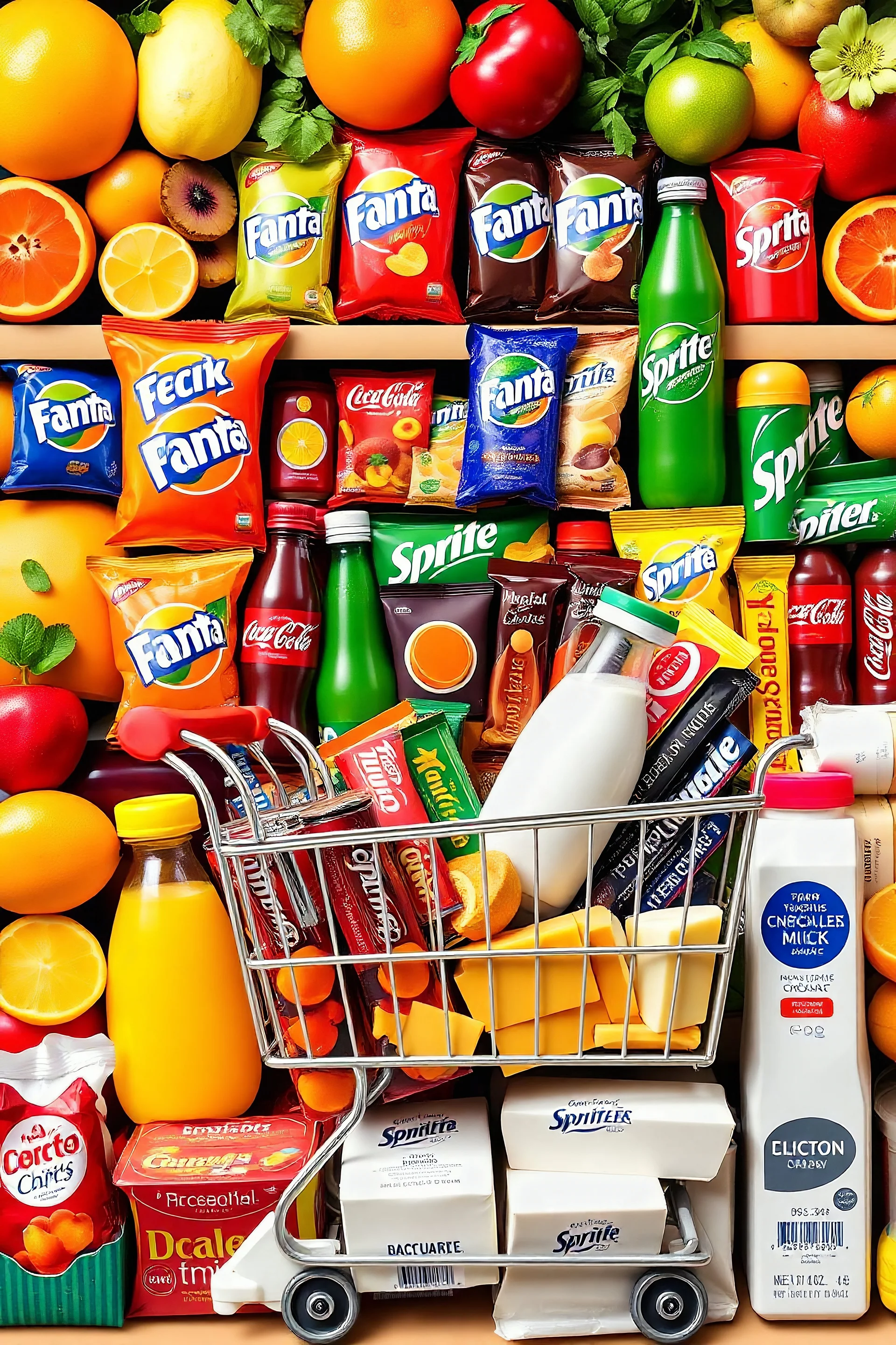 A design filled with various fruit juices, various chips, various types of Fanta, Coca-Cola, Sprite, various famous chocolates, a full shopping cart, packaged cheeses, butter, and pasteurized milk, in cheerful, vibrant, and eye-catching colors.