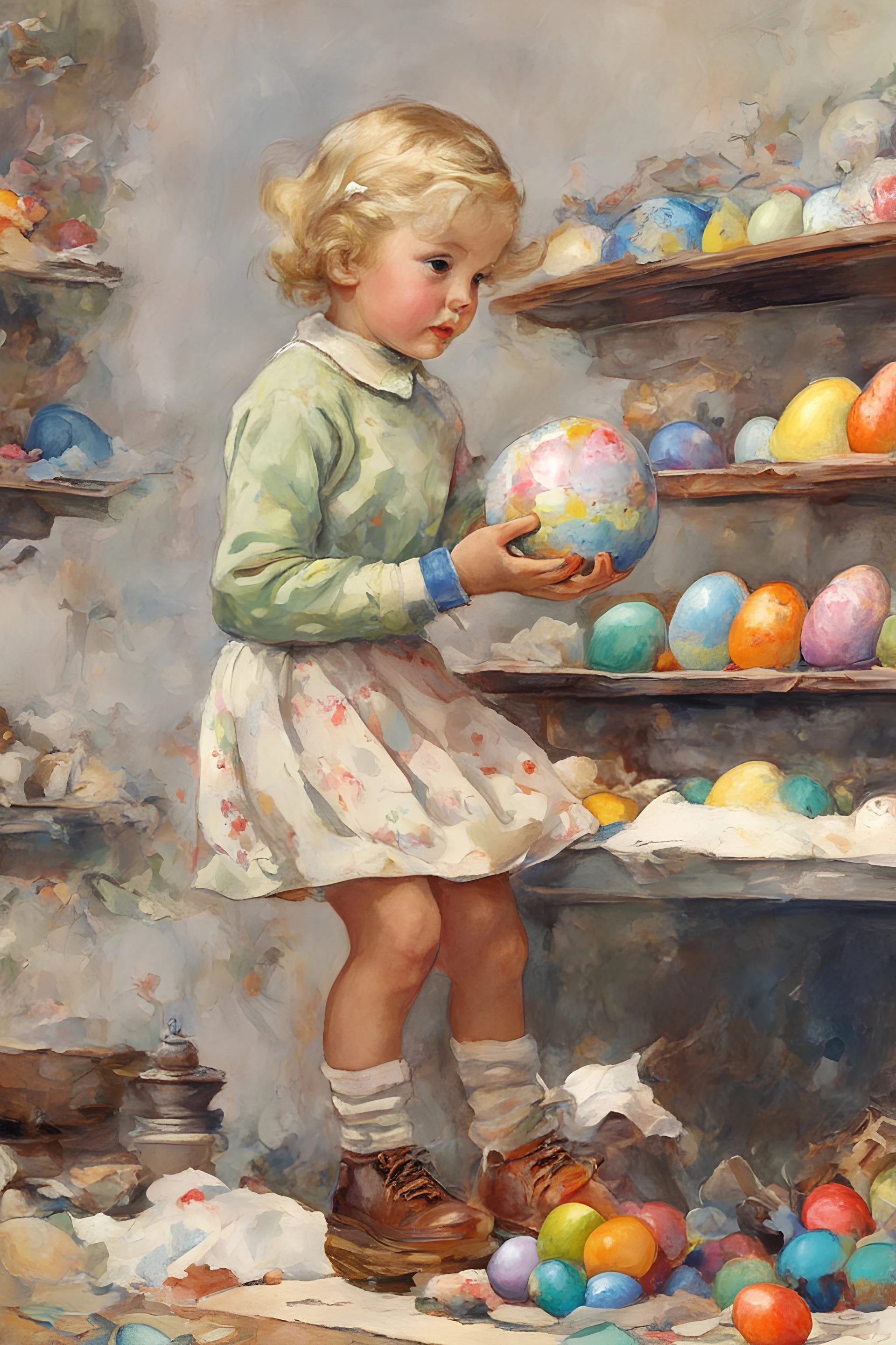 full color - a tiny little blonde girl in shorts and a turtleneck sweater coloring Easter eggs - digital art by Norman Rockwell