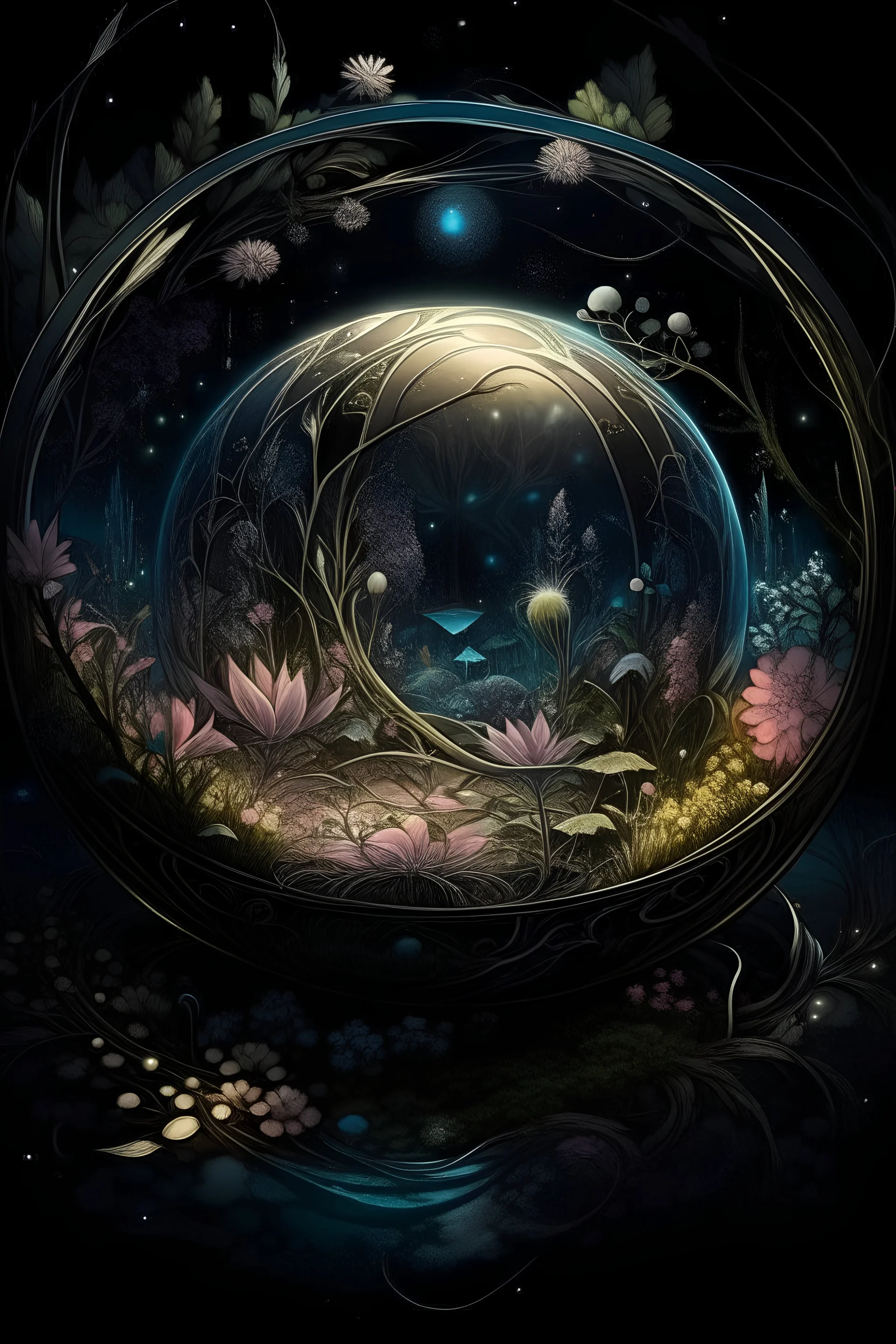 magic Beautiful floral dance, candles, epic, fabulous landscape, 3d, horror, surrealism, careful drawing of details, transparent watercolor, clear contour, heart inside a sphere, stardust, threads, professional photo, incredible landscape, dark botanical, dark fantasy, silver, black, gold, blue, white, light green, pink, lilac, neon, detailed, fibers, engraving, color illustration, star map, comet, moon, fantastic flowers