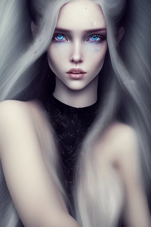 A beautiful young woman with long white hair and blue eyes, pale skin with opal freckles. Wearing a black dress