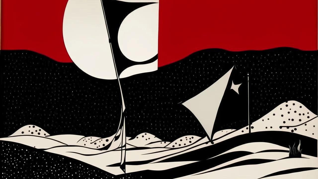 An abstract illustration by Malevich and Kuniyoshi of a black and white desert landscape with a minimalist red pirate flag.